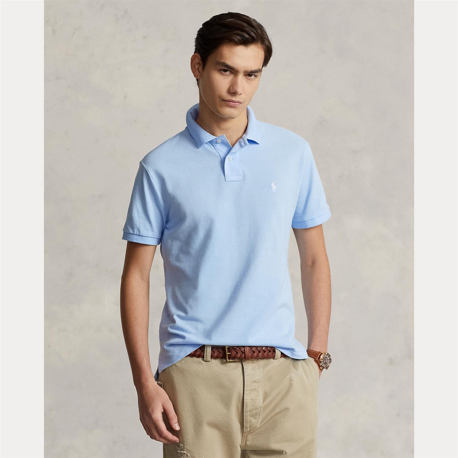 Custom Slim Knit Short-Sleeve Polo Shirt i blå nærbilde av detaljer, overdel fra Polo Ralph Lauren hos Image Mandal