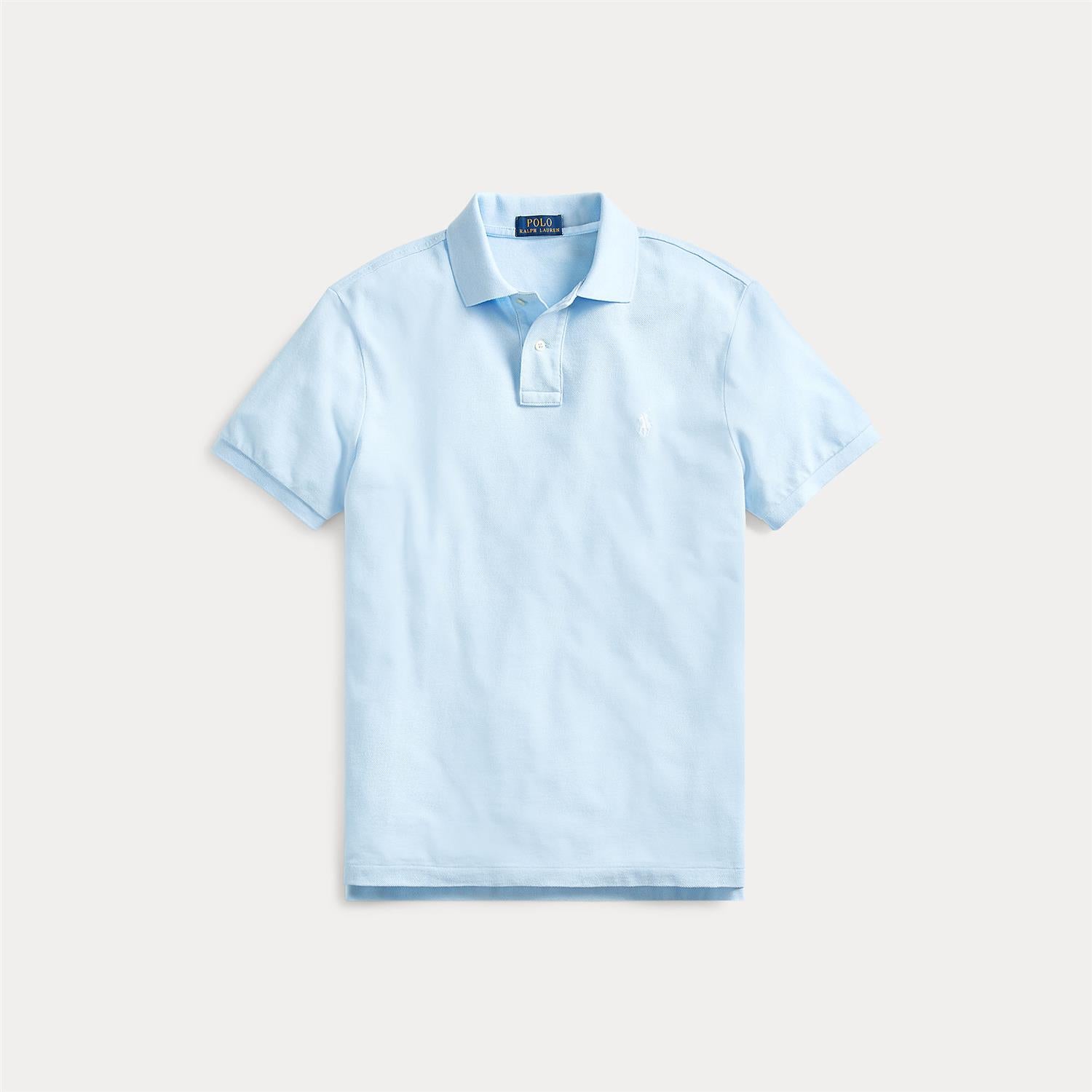 Custom Slim Knit Short-Sleeve Polo Shirt i blå sett fra siden, overdel fra Polo Ralph Lauren hos Image Mandal
