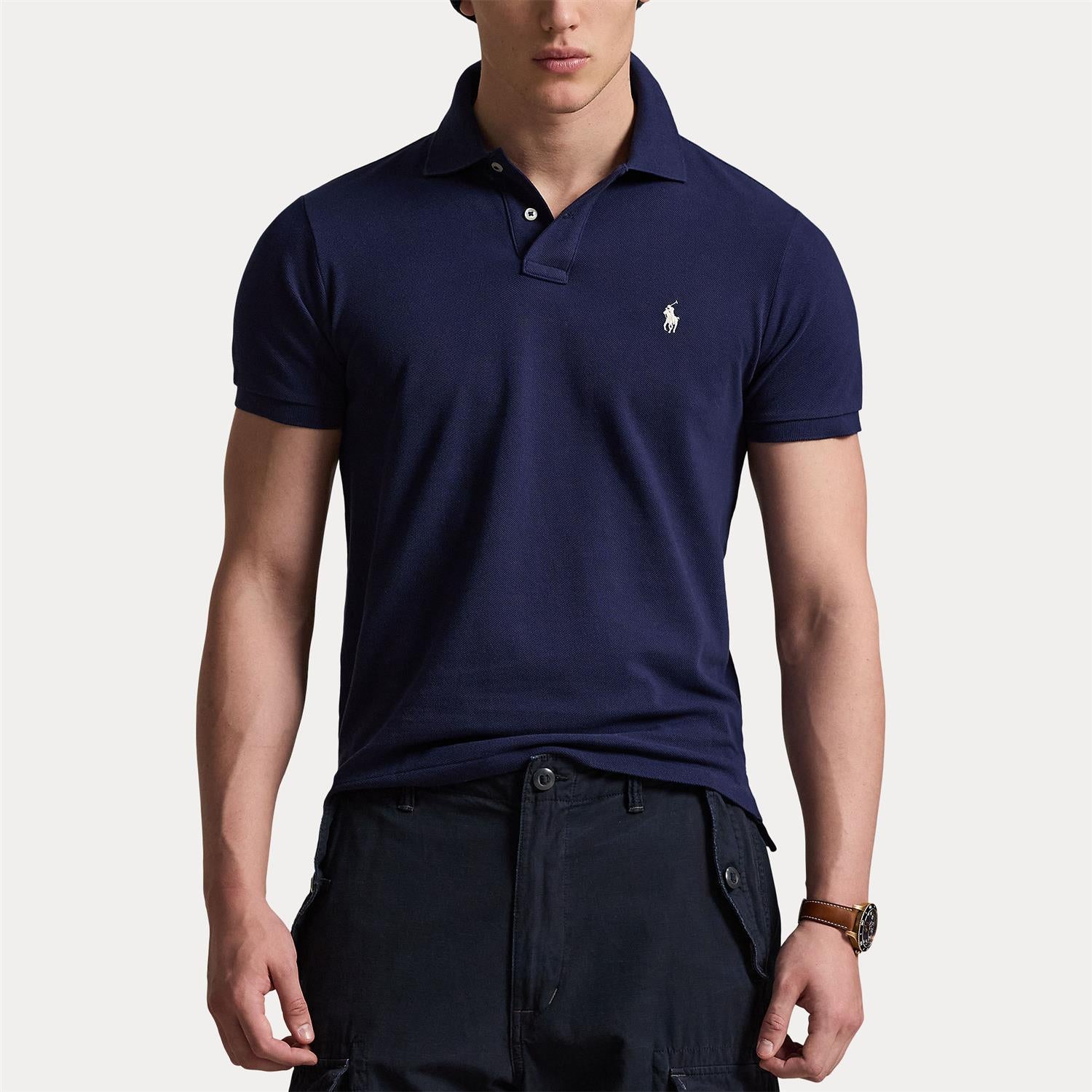 Custom Slim Knit Short-Sleeve Polo Shirt i marineblå alternativt utsnitt, skjorte fra Polo Ralph Lauren hos Image Mandal