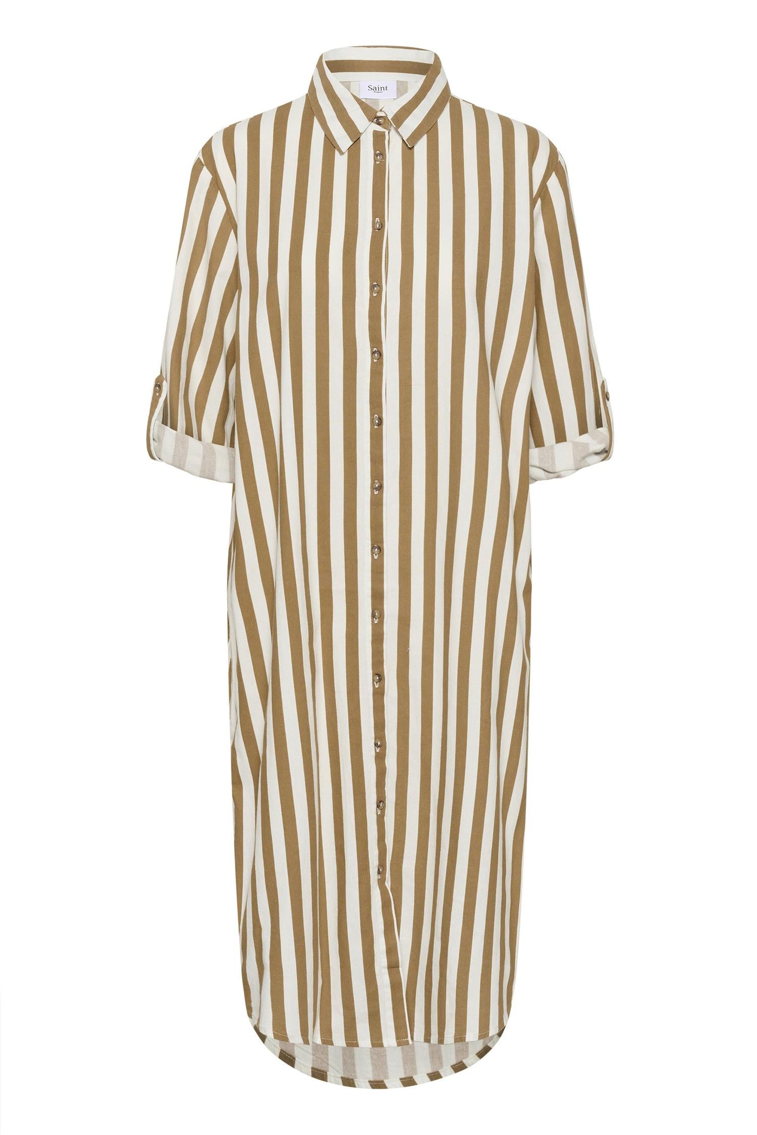 Zalindasz Shirt Dress i tiger's eye ice stripet i bomull, kjole fra Saint Tropez hos Image Mandal
